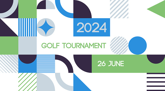 Simple blue, green and white retro shapes poster for a golf tournament