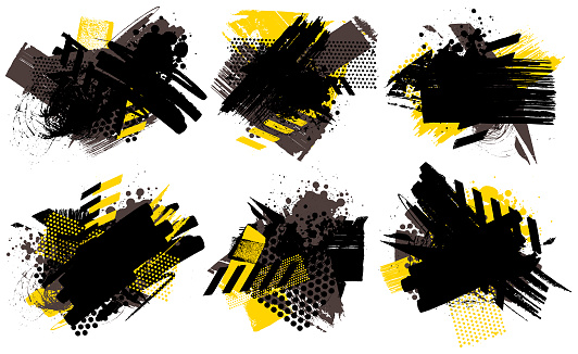 Modern black and yellow grunge paint marks and textured grunge street art poster patterns vector illustration background