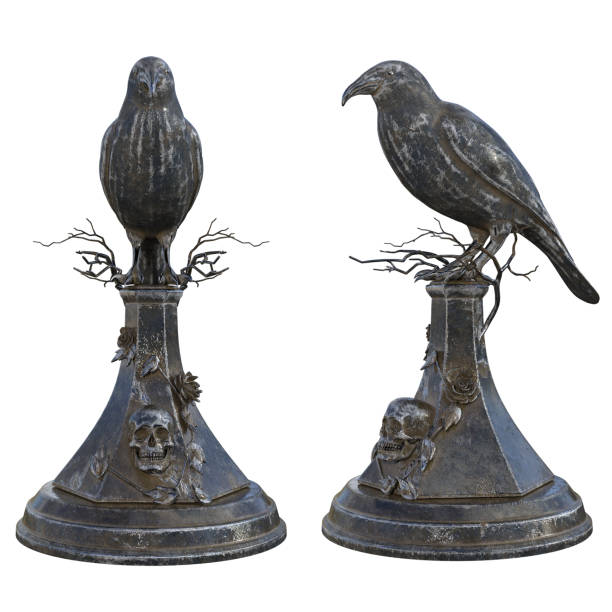Pair of gothic crow statues isolated on white, 3d render.