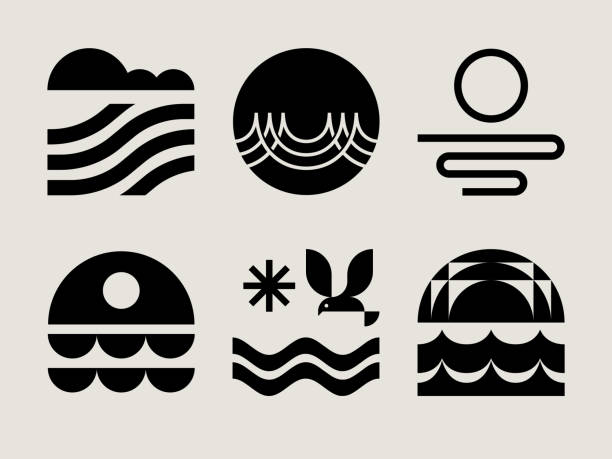 미드 센추리 모던 오션 아이콘 - river wave symbol sun stock illustrations