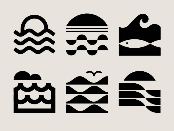 moderne ozean-ikonen aus der mitte des jahrhunderts - coastal sunrise stock-grafiken, -clipart, -cartoons und -symbole