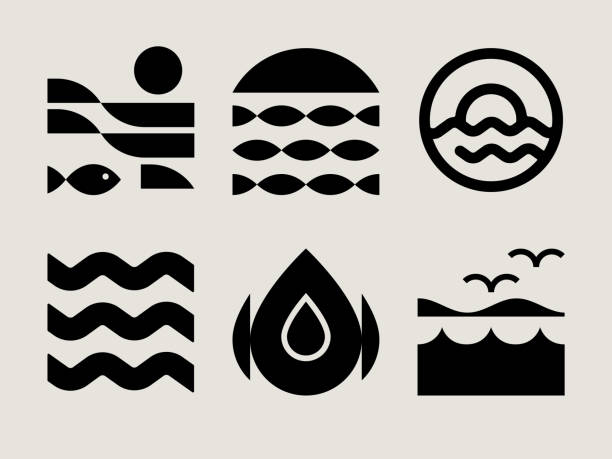 ilustraciones, imágenes clip art, dibujos animados e iconos de stock de iconos oceánicos modernos de mediados de siglo - river wave symbol sun