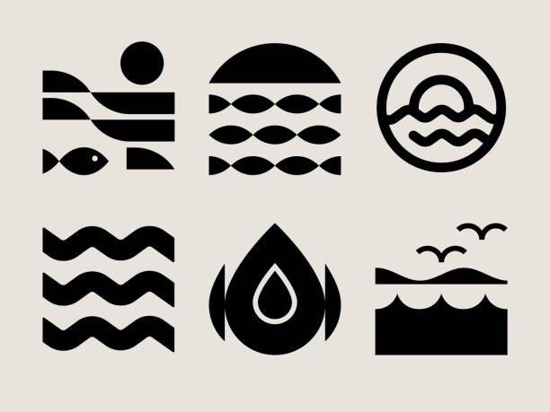 미드 센추리 모던 오션 아이콘 - river wave symbol sun stock illustrations