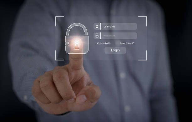 istock Cyber security, Person entering credentials to log in with Finger touching lock icon. Password and username login page secure access on internet. Online user authentication sign-in, data protection. 1586158397