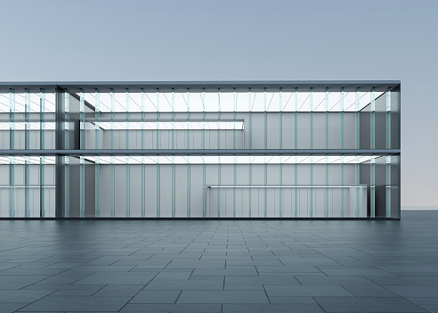 An open glass office building