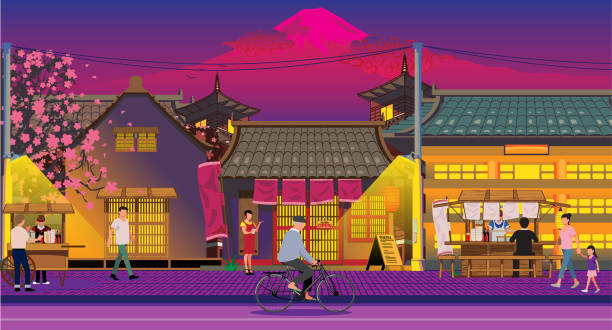 ilustrações, clipart, desenhos animados e ícones de little tokyo concept, uma pequena cidade ou vila japonesa ao entardecer ilustração de fundo. - town of blossom