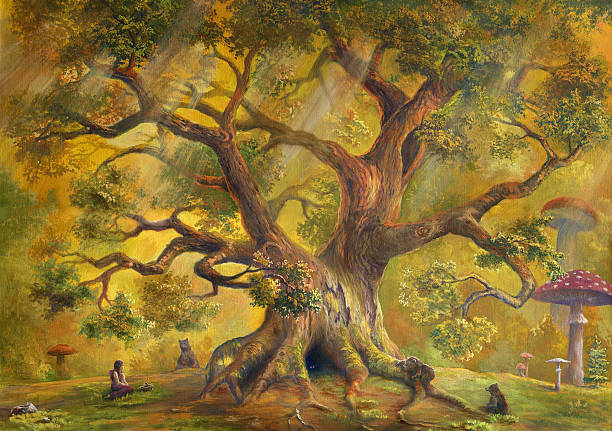 In Fairy Forest Oil Painting, my own artwork. fairy tale village stock illustrations