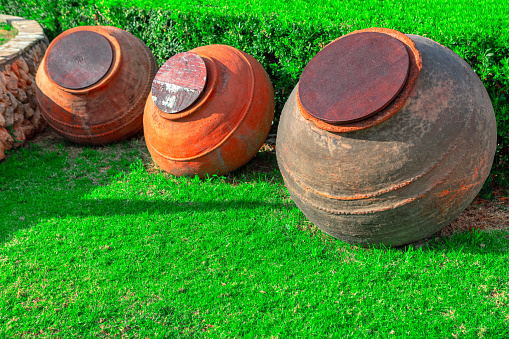 Clay pots on the green grass in the garden