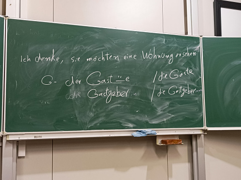 A chalkboard in the classroom and German words on it.