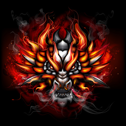 Fiery dragon with aggressive expression of the muzzle. Isolated on black. EPS 10 with blending colors effects.