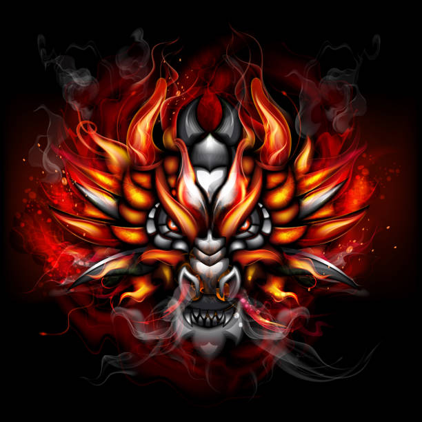 Fiery gothic dragon Fiery dragon with aggressive expression of the muzzle. Isolated on black. EPS 10 with blending colors effects. locket stock illustrations