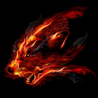 Fiery wolf with aggressive expression of the muzzle. Isolated on black. EPS 10 with blending colors effects.