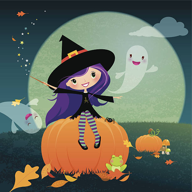 little witch on a pumpkin vector art illustration