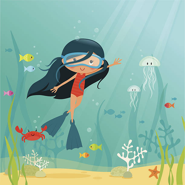 illustrazioni stock, clip art, cartoni animati e icone di tendenza di bambina nuoto - jellyfish underwater water light