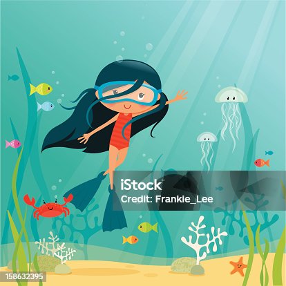 istock Cartoon of a young girl underwater 158632395