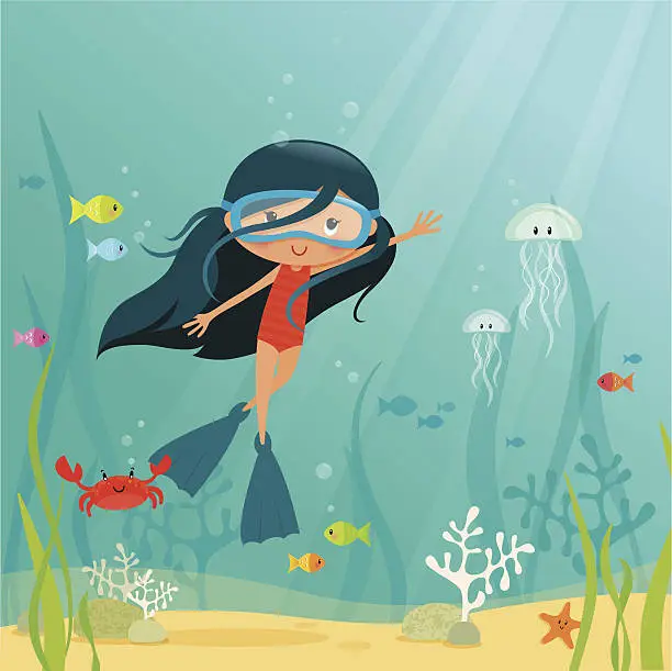 Vector illustration of Cartoon of a young girl underwater
