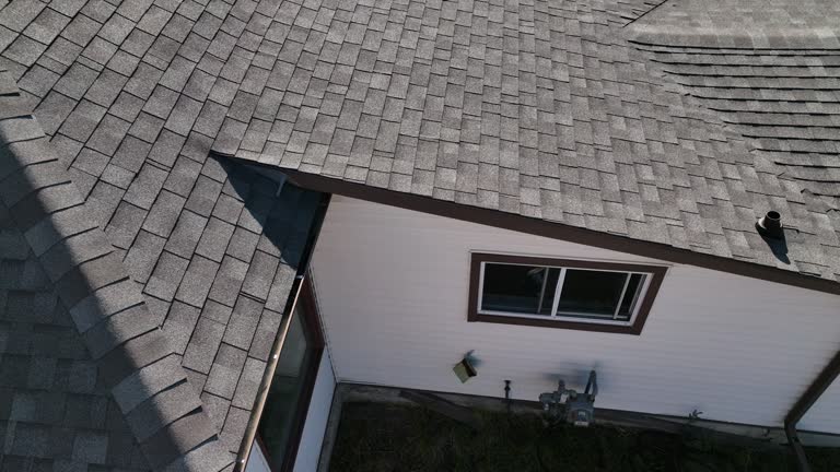 Aerial view of modest older home, in leafy community