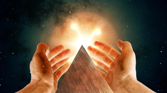 Two human hands with pyramid effect