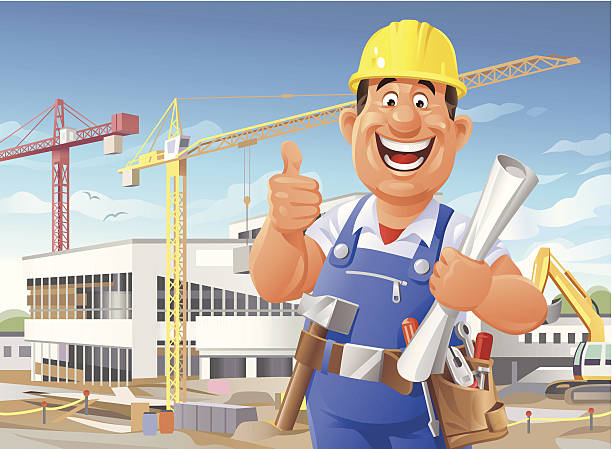 bauarbeiter auf haus - mechanic cartoon construction work tool stock-grafiken, -clipart, -cartoons und -symbole