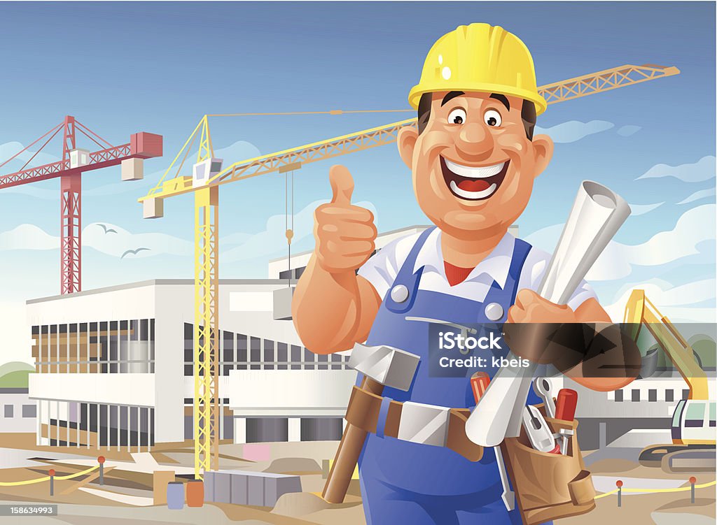 Pracownik budowlany na miejscu - Grafika wektorowa royalty-free (Dowcip rysunkowy)