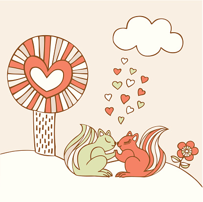 Hand drawn illustration of squirrels in love and fantasy tree. 