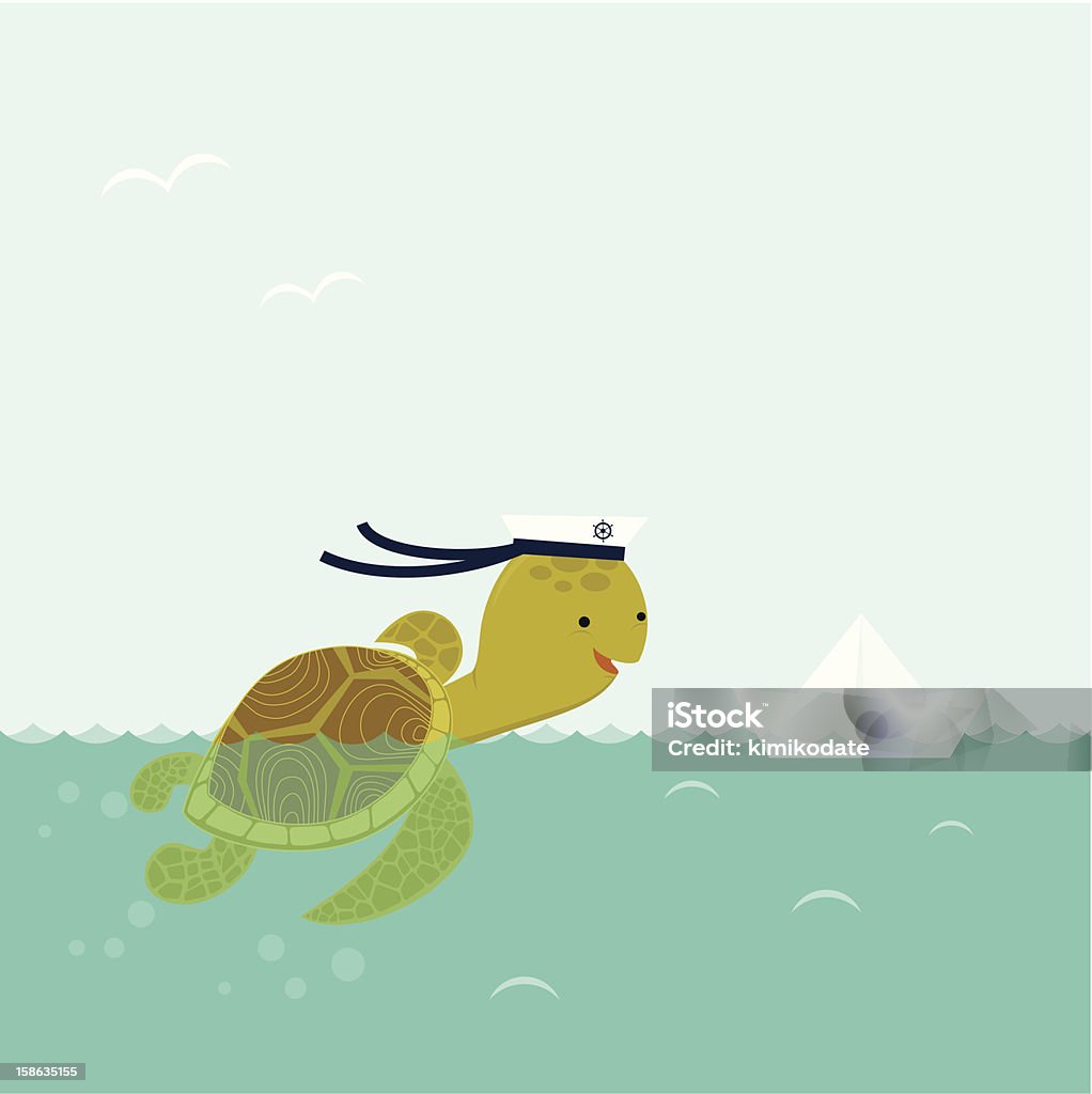 Sea turtle and paper boat Cute sea turtle swims after paper ship. All element are on different layers, global colors used - easy to change color.  Cute stock vector