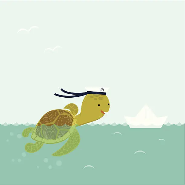 Vector illustration of Sea turtle and paper boat