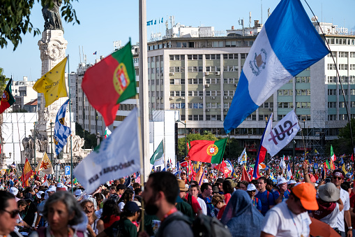 Lisbon, Portugal. August 01 2023. Pilgrims from all over the world attend the opening mass of the World Youth Day at  Eduardo VII Park, in the Portuguese capital.
