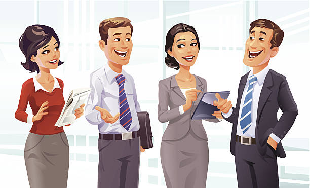 Business Talk A group of business people talking in a brightly lit office building. EPS 8, fully editable and all labeled in layers. four people office stock illustrations