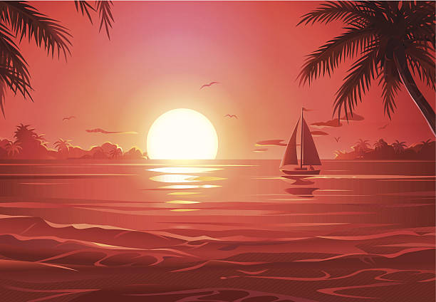 Sunset Sailing Tranquil tropical scene of a sailboat sailing during the sunset. EPS 10 (image contains transparencies), grouped and all labeled in layers.   sunset illustrations stock illustrations