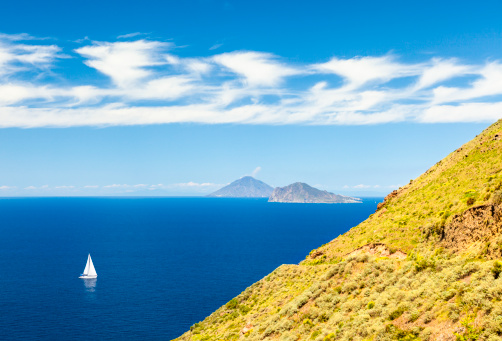 Aeoilan Islands near Sicily, Italy. View from Lipari island towards Panarea and Stromboli.