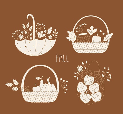 istock Fall composition set with flowers, fruits, baskets, pumpkin for harvest festival, invitation, banner, autumn events. Simple line vector illustrations. 1586357730