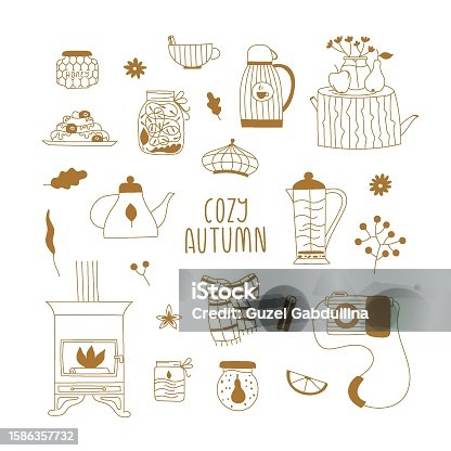 istock Vector line set with cozy autumn elements for card, invitation, web site, stickers, planner. Cute trendy fall minimal illustrations. 1586357732