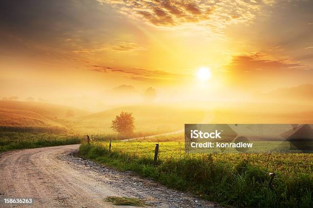 Foto de Sinuoso Caminho Pela Paisagem De Nevoeiro Fazenda e mais fotos de stock de Nascer do sol - Nascer do sol, Sol, Luz solar