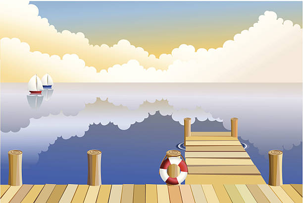 Nightfall at the pier vector art illustration