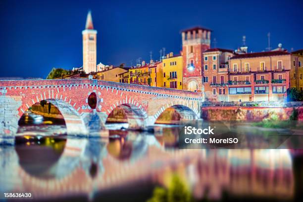 Verona By Night Ponte Pietra Italy Stock Photo - Download Image Now - Adige River, Ancient, Arch - Architectural Feature