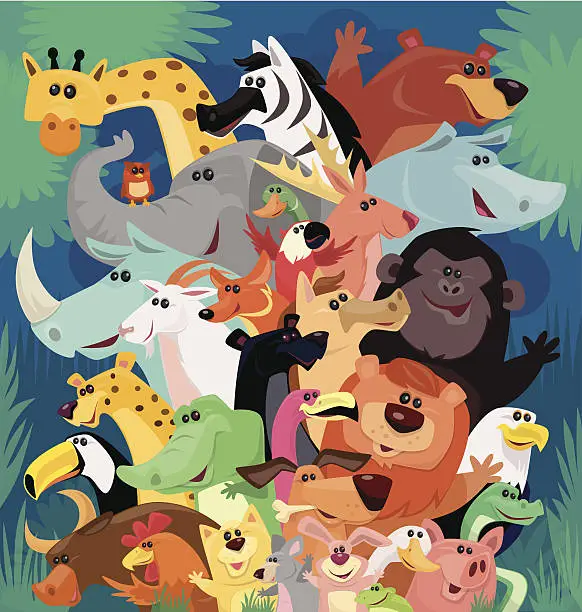 Vector illustration of happy animals cheering