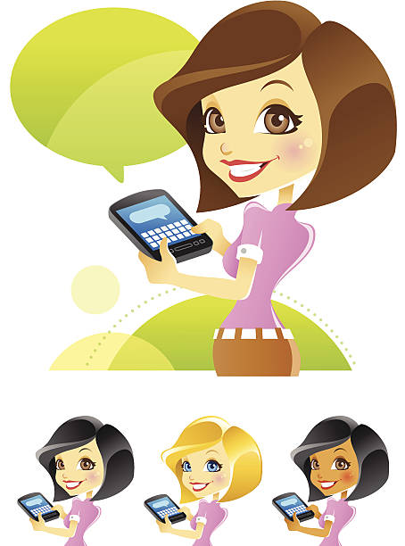 Mädchen, das Versenden von SMS, Bloggen, Tippen auf Smartphones – Vektorgrafik