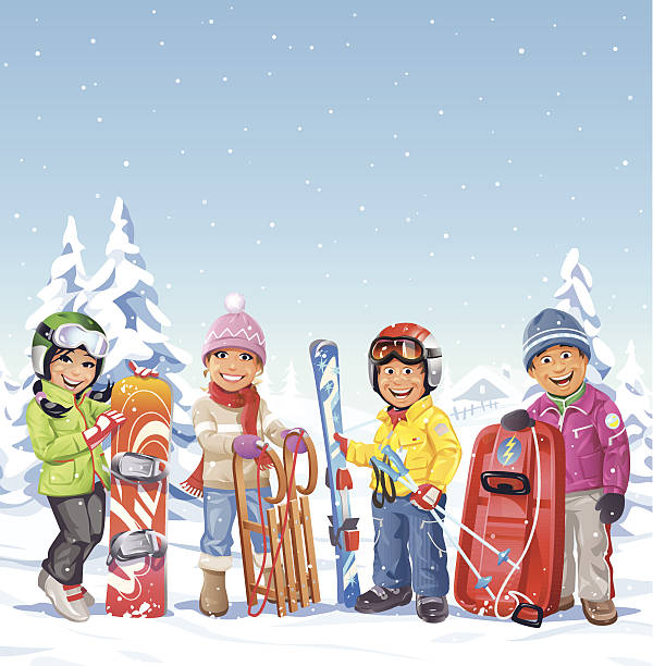 Winter Activities Four youngsters with a snowboard, skis and sleds standing in a winter landscape on a snowy day. In the background are hills, trees and a house. Winter background with space for text. EPS 10 -image contains transparencies (snowflakes), fully editable, grouped and labeled in layers. kids snow suits stock illustrations