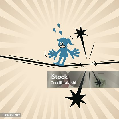 istock A blue woman walking on a rope that is about to break is at the end of her tether 1586366209