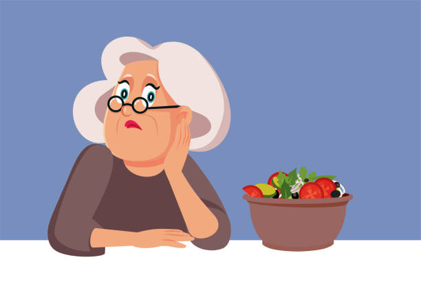 illustrations, cliparts, dessins animés et icônes de femme âgée malheureuse ne mangeant pas n’ayant pas de vecteur d’appétit illustration - overweight women salad frustration