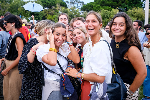 Lisbon, Portugal. August 01 2023. Pilgrims from all over the world attend the opening mass of the World Youth Day at  Eduardo VII Park, in the Portuguese capital.