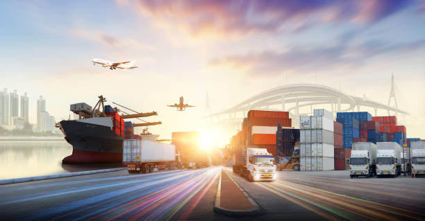 istock Logistics and transportation of Container Cargo ship and Cargo plane with working crane bridge in shipyard at sunrise, logistic import export and transport industry background 1586402709