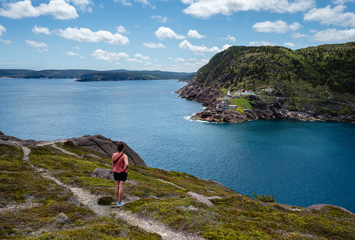 Man standing on trail overlooking harbour of  St. John's, Nfld. in St. John's, Newfoundland and Labrador, Canada
