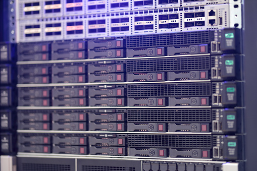 Rack mount server equipment in data center close up. Selective focus.