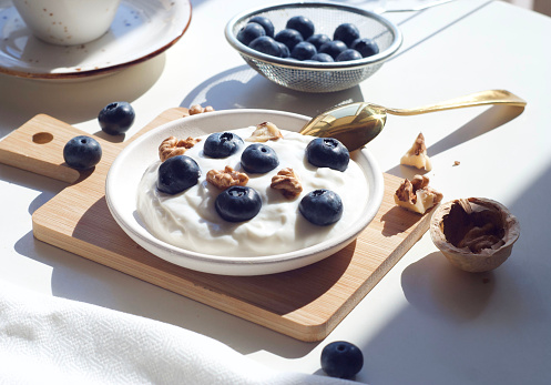 Yogurt with blueberries and walnuts in a saucer. in Russia, Moscow Oblast, Russia