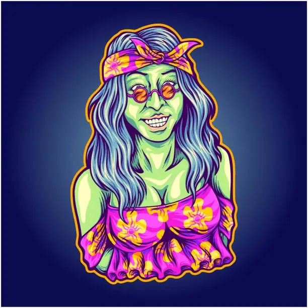 Vector illustration of Channeling bohemian beauty stoned Hippie girl