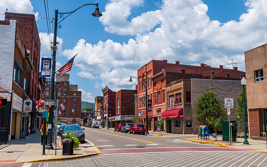 Bradford, Pennsylvania, USA July 5, 2023 A street scene of the Historic Business District on a sunny summer day