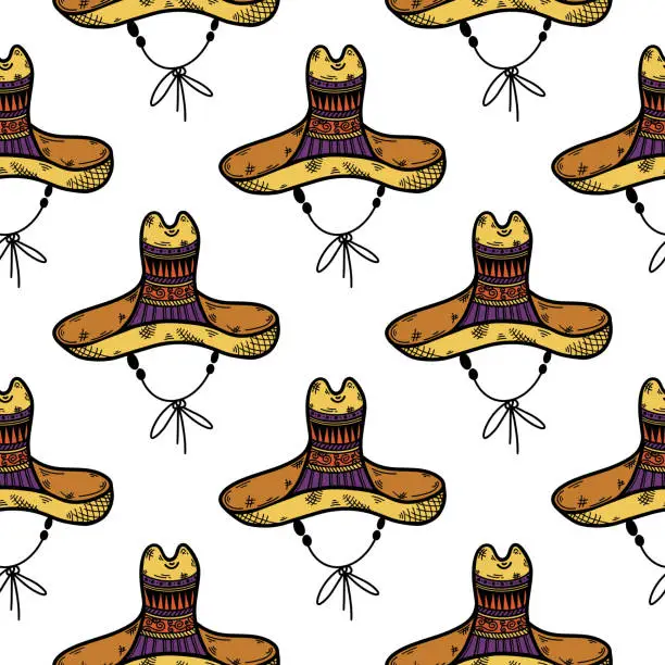 Vector illustration of Sombrero seamless vector pattern. Traditional Mexican straw hat for cinco de mayo, holiday, festival, carnival. National headdress with a bright drawing. Flat cartoon background for posters, print