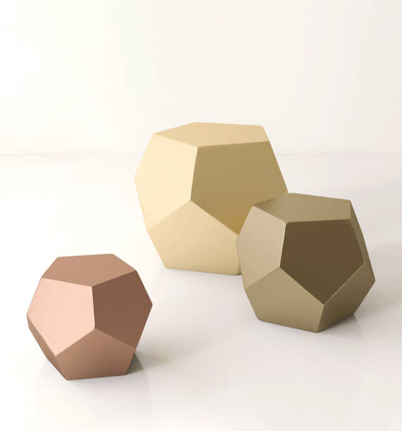 istock Three modern design glossy white geometric shape podium table in copper, bronze and gold, pentagon side, on counter 1586523999